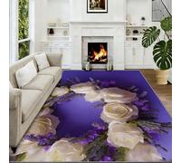 Générique Grand Tapis de Salon 140 x 200 cm Rustique Lavable en Machine, Antidérapant Tapis à Poil Court Doux Rêve Roses Blanches Couronne De Lavande pour Chambre, Cuisine, Salle à Manger & Bureau