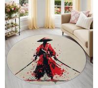 Générique Grand Tapis Rond Japonais 180 cm, Moquette Salon Design Tradition Figures Samouraï Lavable, Décoration Centrale pour Grand Séjour Salle à Manger ou Salon Moderne, Beige