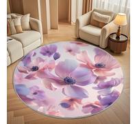 Générique Grand Tapis Rond Lavable 200 cm, AnéMone Rose À Poils Courts Antidérapant Tapis pour Salon et Chambre, Fleurs Violettes Tapi Doux Chambre d'enfant Décoration - Entretien Facile