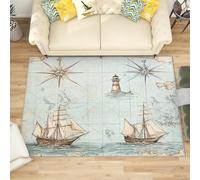 Générique Grand Tapis Salon Chambre Poils Ras Bleu Antidérapant Tapis Lavables en Machine Motif Phare Voilier à Poils Courts pour Cuisine, Salle à Manger, Bureau, 160x230 cm