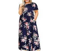 Générique Grande Taille Robe Femme Col Rond Ample Couleur Unie Boho Maxi Dress Chic et Elegant été Manches Courtes Dress Longue élastique Taille Haute Robe