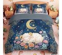 Générique Gris-Bleu Housse de Couette 220 x 240 cm Enfant Garçons Fille, Aquarelle Conte De Fées Parure de Lit en Microfibre Ensemble 3Pièces, Mouton Amas De Fleurs Lune Parure de Lit avec 2 Taies
