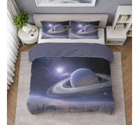 Générique Gris Graphite Espace Parure de Lit Réversible Respirante Extra Doux Set de Housse Couette avec Fermeture Éclair, Planète À Anneaux Rêveur Motif, pour Enfants Adulte, 140 x 200 cm