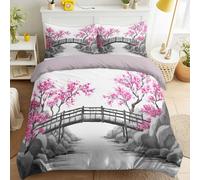 Générique Gris Housse de Couette avec Motif Lavis, Douce Légère Facile d'entretien Linge de lit, Pont en Pierre Cerisiers en Fleurs Rive Classique Oriental Parure de Lit 140 x 190 cm pour Chambre