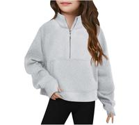 Générique Gris Sweat-Shirt à Demi Zip pour Unisexe Enfant Filles Garcon, Pull à Manches Longues, Hauts Recadrés avec Trou pour Le Pouce, Vêtements d’Hiver Polaires Légers pour Ado 5-14 Ans