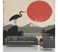 Générique Grue à Couronne Rouge Animaux Papier Peint Adhesif Mont Fuji Rouge Soleil Japonais Mural Vinyle Poster Wallpaper Pour Meuble Chambre Salon Décoration Murale 366x254 cm