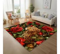 Générique Guépard Animal de La JungleTapis Antidérapant 200x300cm - Fleur de Rose Plantes Imprimé Ne perd Pas Ses Poils - Tapis Lavable pour Salon, Chambre à Coucher, Salle à Manger, Descente de Lit