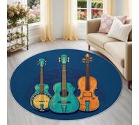 Générique Guitare Violon Doux Tapis Rond 100 cm, Moderne Dessin Animé Tapis de Chambre Antidérapant, Bleu Poil Ras Lavable pour Salon & Coin Lecture