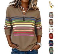Générique Half-Zip Collar Fashionable Rainbow Striped Sweatshirt,Women's V Neck Cozy Gradient Rainbow Striped Long Sleeve Pullover (FR/ES, Alpha/Lettres, TTG, Taille Normale, Taille Normale, Brown)