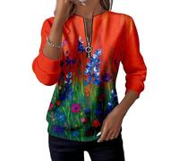 Générique Half-Zip Printed Casual Sweatshirt Womens V Neck Long Sleeve Pullover Color Block Loose Fit Top for Spring Fall Winter
