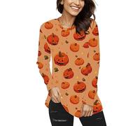 Générique Halloween Chemises Manches Courtes pour Femmes Habillées Décontractées Rose 2025 Mode décontracté t-Shirt Citrouille Imprime à Longues col Rond Haut Chemisier Humour Corse(Kaki,XXL)