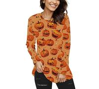 Générique Halloween Chemises Manches Courtes pour Femmes Habillées Décontractées Rose 2025 Mode décontracté t-Shirt Citrouille Imprime à Longues col Rond Haut Chemisier Humour Corse(Brun,S)