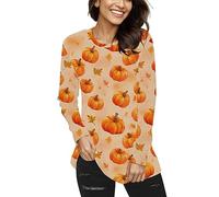 Générique Halloween Chemises Manches Courtes pour Femmes Habillées Décontractées Rose 2025 Mode décontracté t-Shirt Citrouille Imprime à Longues col Rond Haut Chemisier Humour Corse(Beige,XL)