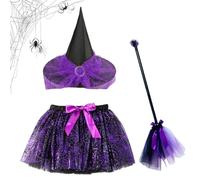 Générique Halloween Cosplay Outfits Kit Elastic For Dress Party Themed Photoshoots Masquerade Stage Performance | Halloween Witch Costume - Child Witch Costume Accessories Kit With Broom And Skirt |