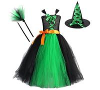 Générique Halloween Costume Enfant,Deguisement Chauve Souris Enfant Robe D'Halloween Déguisement Femme 2 Ans Accessoire Sorcière Médiévale Fille 6 Chapeau Pointu Violet Fête (Vert-b,2-3 ans)
