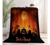 Générique Halloween Couverture en Flanelle, Plaid de Lune Orange Citrouille Araignée Cimetière Chauve-Souris Chaise, Couvertures etPlaids Chaude et Douillet, d'automne Épais Cadeau, 220x240 cm