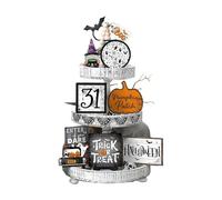 Générique Halloween Decor, Wooden Tray Sign, Pumpkin Ghost Ornament, Rustic Wooden Design, Multi-Piece Tiered Tray Set, Holiday Desktop Decoration, 5.12x3.54x4.33 inches Orange White 14 Or 16 Pieces