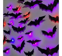 Générique Halloween Decoration 3D Chauve-Souris, Deco Halloween 3D Chauve-Souris avec lumières LED Violettes, Décoration de fête d'halloween Autocollant Mural Brillant à Paillettes