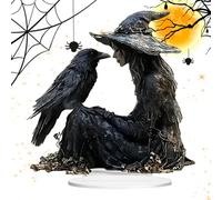 Générique Halloween Desk Decor, 2D Acrylic Sign, 5.91x5.91x0.39 inches Gothic Witch Crow Ornament, Spooky Tabletop Display for Dorm Nightstand Studio Shelf Bathroom Car Home Kitchen Bedroom Table