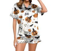 Générique Halloween Femmes Pyjama Ont Mis Pantalon Long Ensembles de Confortables pour à Quotidien, Tenue Nuit imprimée Halloween, Short, Parfait la détente Combinaisons Manches Longues(Orange,M)