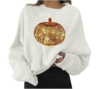 Générique Halloween Frange Sweat-Shirt à Motif de Citrouille d pour Femmes, Pull décontracté col Rond, Chemise Ample, Haut léger Cardigans Longs Verts Femmes(Blanc,XXL)
