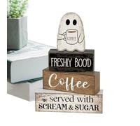 Générique Halloween Ghost, Wooden Table Ornament, Handcrafted Block Sign Display, Vintage Farmhouse Finish, 1 Decorative Mini White Piece for Holiday Tiered Tray Bedroom Bar Countertop