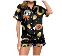 Générique Halloween Gode Double Ensemble Pyjama imprimé pour Femmes, Haut et Short boutonnés à Manches Courtes en Satin de Soie, vêtements détente Chaussette Homme Cher Lot(Grey,M)