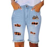Générique Halloween Jean Noir déchiré pour Femmes, imprimé Citrouille d Halloween, personnalité, Confortable, Droit, Taille Moyenne, Bord Court, Pantalon en Treillis Leggings Polaire Chaud(YE2,XXL)