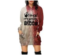 Générique Halloween Jupe De Table Bleu Dames Mode décontracté à Manches Longues Longue sanglante drôle Lettre Impression Capuche Poche Pull Robe Bouffante Courte(Rouge,S)