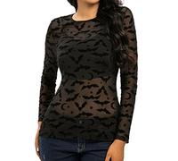 Générique Halloween Marjolaine Lingerie Nuisette Femmes Sexy 2025 Faux Twinset Chauve-Souris À Manches Longues Hauts Décontractés Voir Travers Les Mesh Crop Sheer Slim Shirt T Tenue Hot(Le Noir,M)