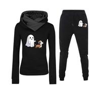 Générique Halloween Nouveau Maillot Ensemble décontracté à capuche et manches longues pour femme avec pantalon imprimé Halloween, tenue tendance de couleur unie Monnaie Chinoise(Le noir,3XL)