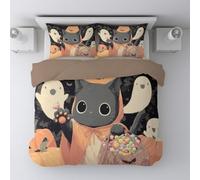 Générique Halloween Orange Mignon Chat Bonbon Fantôme Couette Housse et Facile d'entretien Parure de Couette avec Fermetures éclair avec Taie Oreiller 220 x 240cm