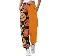 Générique Halloween Pantalon Ski Vert Dames Citrouille Mignon imprimé Taille Cordon Pantalons décontractés de survêtement Maigres Leggings Sudation Plat(Or,XL)