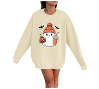 Générique Halloween Petit Plaid Polaire Sweat à Capuche Ample imprimé Mignon d pour Femme Pull Jaune(Beige,S)