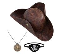 Générique Halloween Pirate Hat, Retro Costume Hat with Eye Patch, 14.17x15.35x3.54 Inches, Classic Tricorn Shape, Adjustable Fit Design, Faux Leather Accessory for Adults Teens Party Family Cosplay