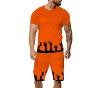 Générique Halloween Polaire Sweat Capuche Homme Ensemble pour hommes amusant imprimé à manches courtes avec short poche de sport décontracté Rose Zippé Vers Haut(Orange,L)