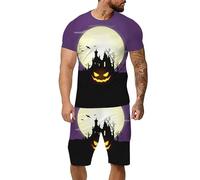 Générique Halloween Polaire Sweat Capuche Homme Ensemble pour hommes amusant imprimé à manches courtes avec short poche de sport décontracté Rose Zippé Vers Haut(Light Violet,XXL)
