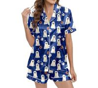 Générique Halloween Pyjamas Femmes Satin Ensemble Pyjama Court imprimé pour Femme Body Chemisier(Bleu,XS)