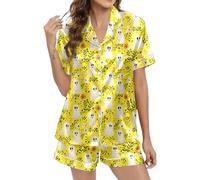 Générique Halloween Pyjamas Femmes Satin Ensemble Pyjama Court imprimé pour Femme Body Chemisier(Jaune,S)