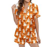 Générique Halloween Pyjamas Femmes Satin Ensemble Pyjama Court imprimé pour Femme Body Chemisier(Orange,XS)