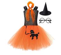 Générique Halloween Robe De Princesse Fille Noir Enfant en Bas âge Custome Filles Tutu Maille Chapeau Lunettes Soie Écharpe 4 pcs Ensembles Performance Pull Gilet Hiver(Orange,6 Ans)