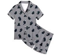 Générique Halloween Robe Fille Serrer Pyjama d pour Filles, Joli Short à Manches Courtes, imprimé Citrouille et Chauve-Souris, vêtements de Nuit Confortables Rayures, Dentelle Rose(Grey,6 Ans)