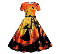 Générique Halloween Robe Portefeuille Midi avec Manches décontractée à Courtes et col Rond pour Femmes De Cocktail Courte Rose(Jaune,XL)