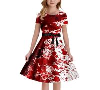 Générique Halloween Robe pour Fille Manches Courtes médiévale imprimée tachée de Filles, Tenue soirée sans Bretelles, Style Gothique élégant, Cocktail Longue Rose(Blanc,11 Ans)