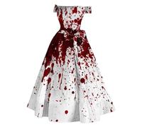 Générique Halloween Robes pour Femmes avec Manches Et Poches Costumes d Robe évasée à imprimé Sanglant Tunique sans de Cocktail invité Housse Mariée Longue(Rouge,S)