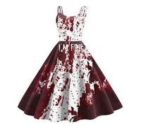 Générique Halloween Robes Pour Les Femmes, MéDiéVal Pour Femmes Robe Maxi Sans Manches éPaule Froide Steampunk Corset Bloody Imprimer VêTements Gothiques Corset Robe Victorienne D'Halloween Party