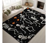 Générique Halloween, Squelette Danse, Citrouilles Tapiss de Danse, Citrouilles Doux Tapis Imprimé Tapis Lavable 60 cm x 90 cm, Tapis de Antidérapant pour Chambre Salle à Manger Bureau, Noir, Orange