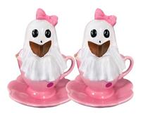 Générique Halloween Teacup Ghost Statue, The Ghost in Teacup Reading, Cute Little Pink Teacup Ghost Sculpture, Adorable Pink Halloween Ghost Decorations for Girls Women (2)