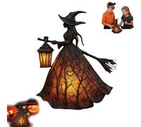 Générique Halloween Witch Lamp, Stained Glass Gothic 3D Witch Lamp with Holding Lantern, Spooky Decorative Table Lamps for Home Porch Tabletop Party Décor