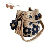 Générique Handmade Crochet Flower Tote,Summer Vacation Travel Women Beige Mesh Knit Shoulder Bag with Cute Flower&Tassel Charm